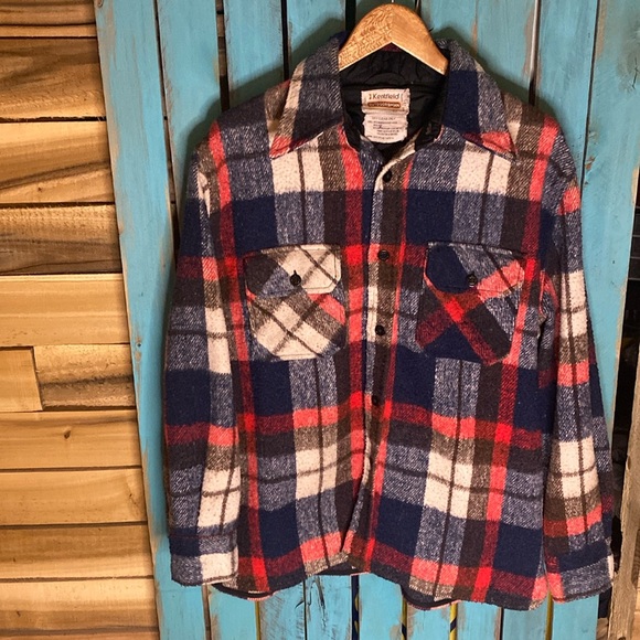 Vintage 70s Kentfield Outdoorsman plaid fleece CPO shirt size large big collar - Picture 1 of 7